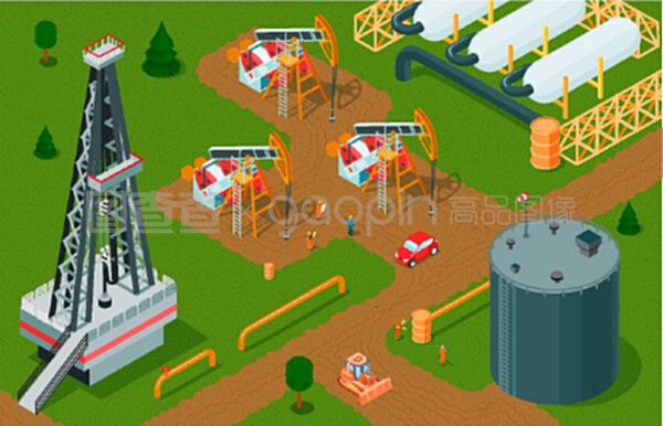 等距石油工業(yè)水平組成與石油生產設施儲存和工廠建筑泵千斤頂矢量插圖